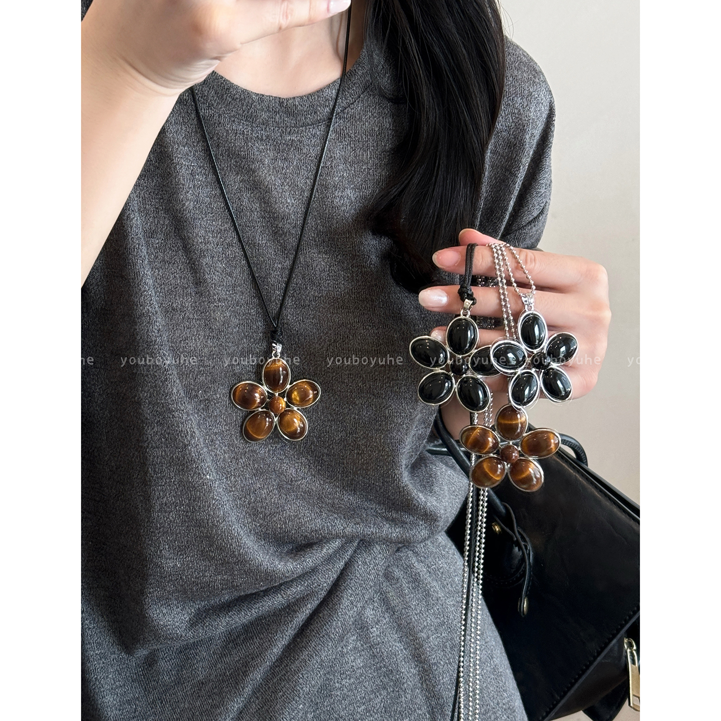 美拉德虎眼石花朵吊坠项链毛衣链