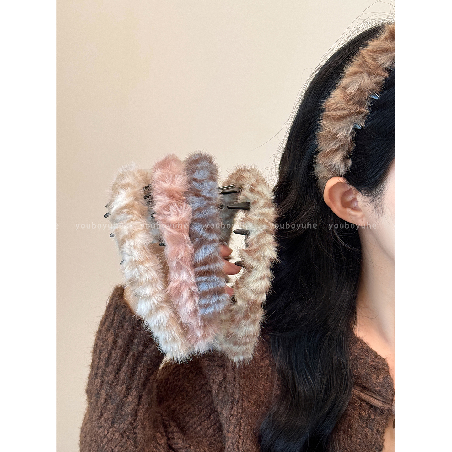 复古秋冬毛绒豹纹带齿发箍头箍女