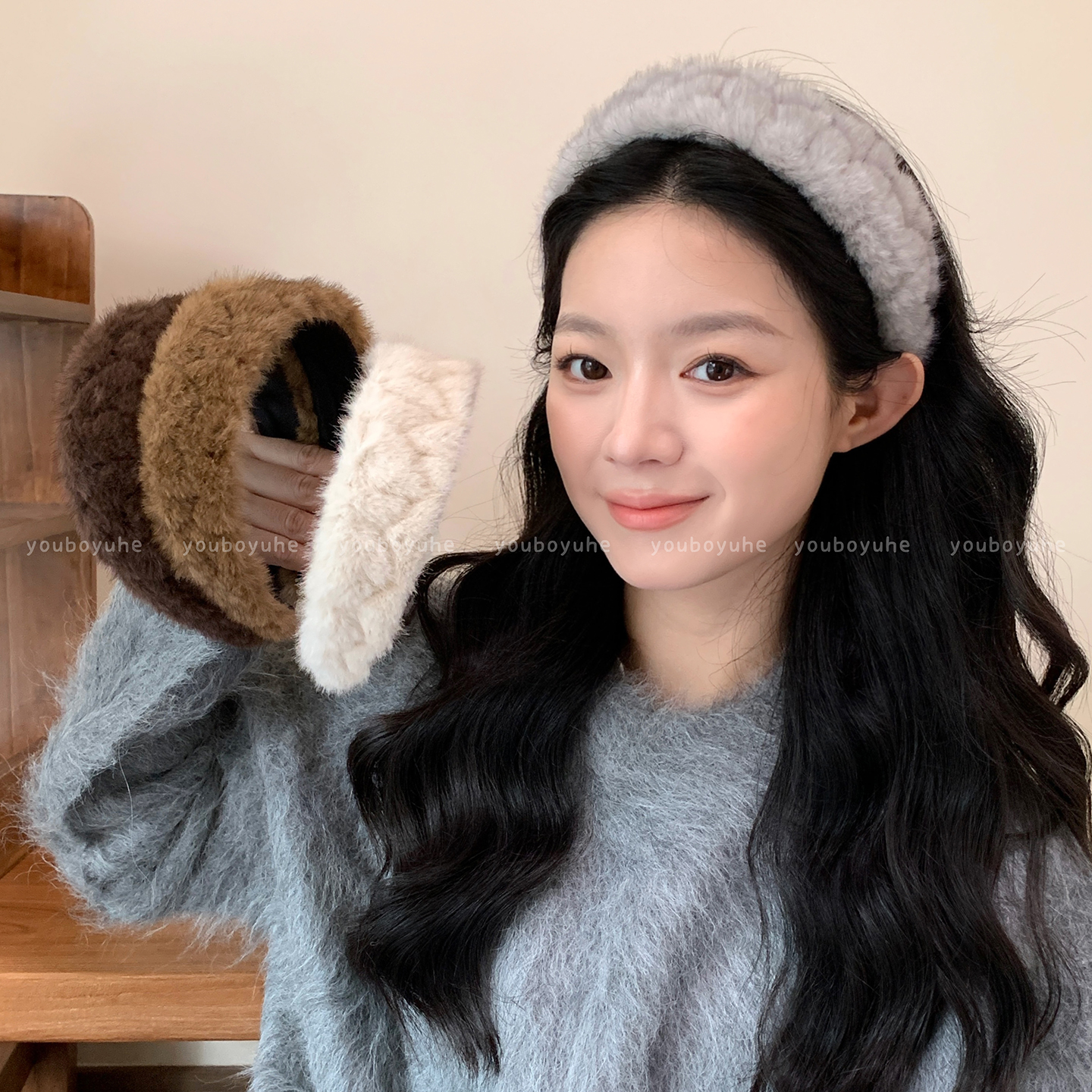 秋冬宽边毛绒发箍高颅顶压发头箍