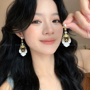 新中式复古贝壳流苏长款耳环女波西米亚民族风耳钩高级感度假耳饰