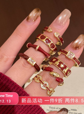 小众精致复古红色爱心锆石戒指女