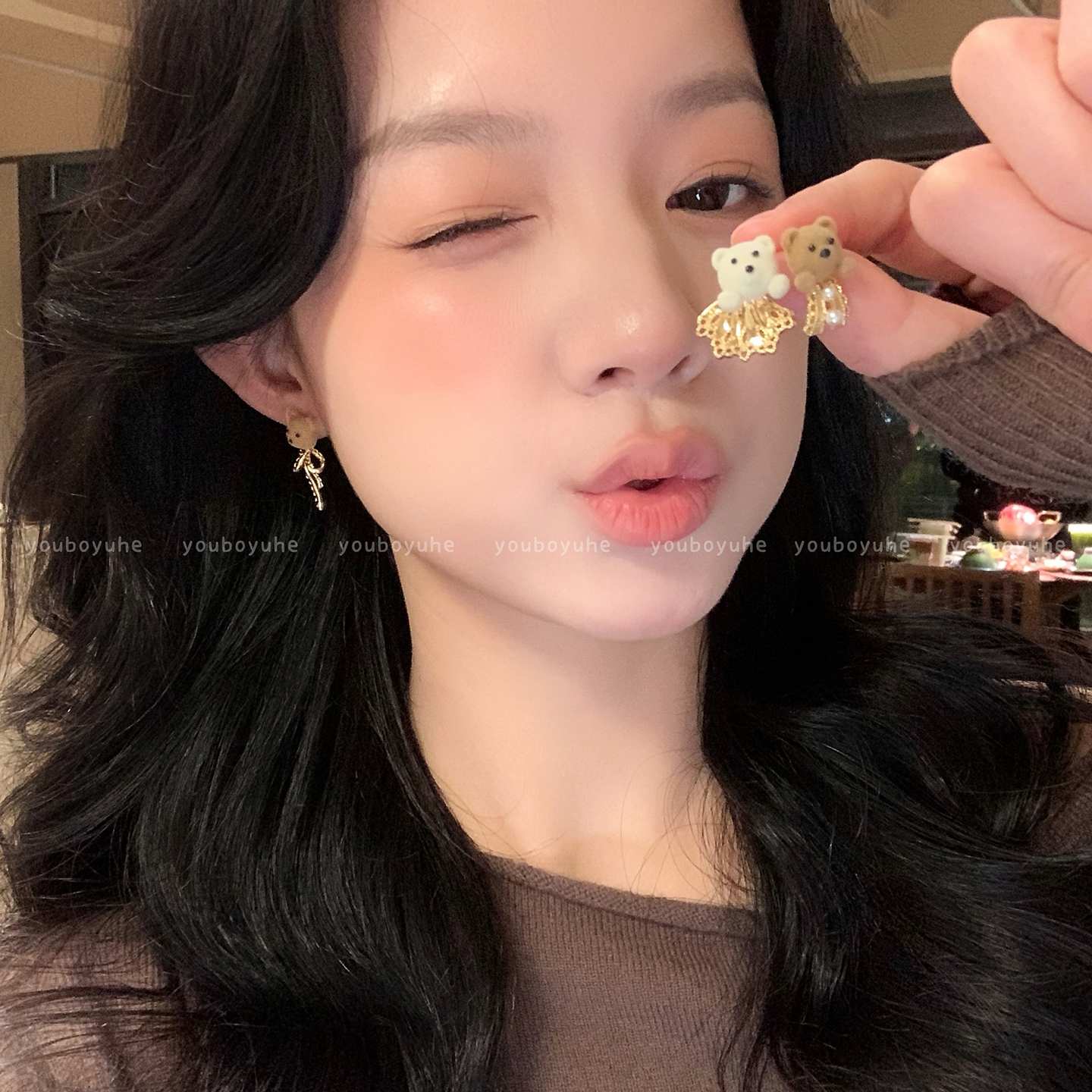 卡通可爱小众毛绒小熊珍珠耳环女