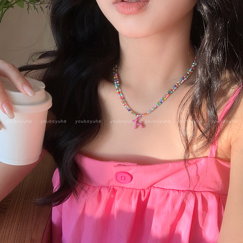 缤纷少女~双层彩色串珠气球狗项链女款多巴胺叠戴锁骨链小众配饰