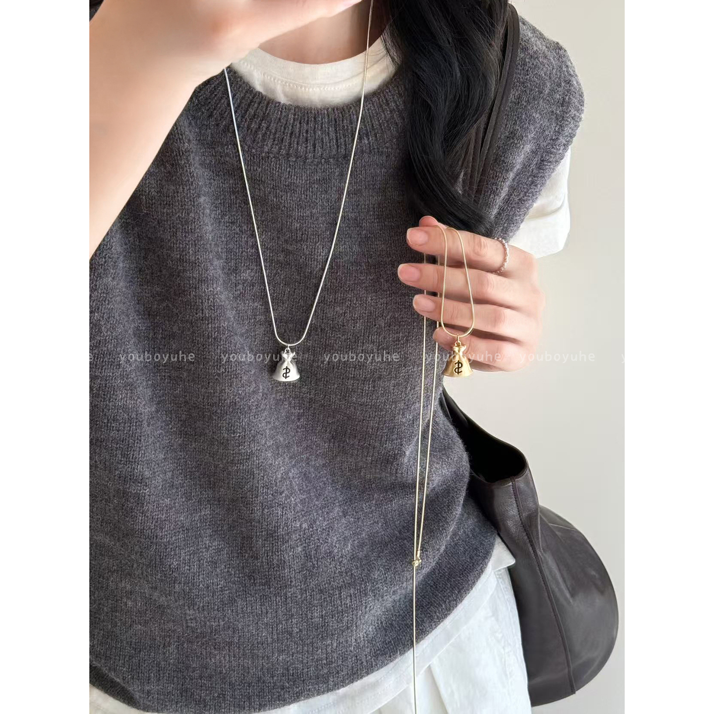 金色钱袋吊坠项链轻奢毛衣链配饰