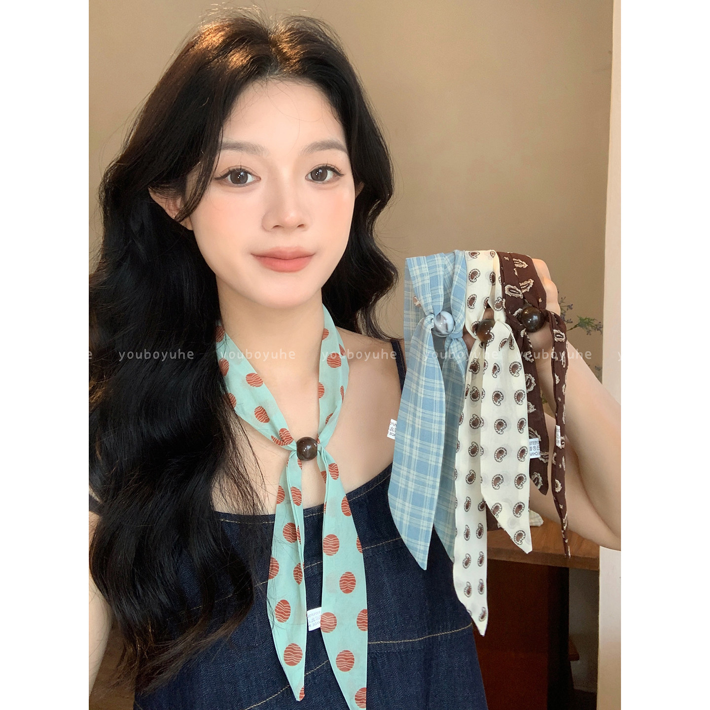 浅夏海风~蓝色格纹串珠项链女小众设计高级感可调节丝巾个性配饰