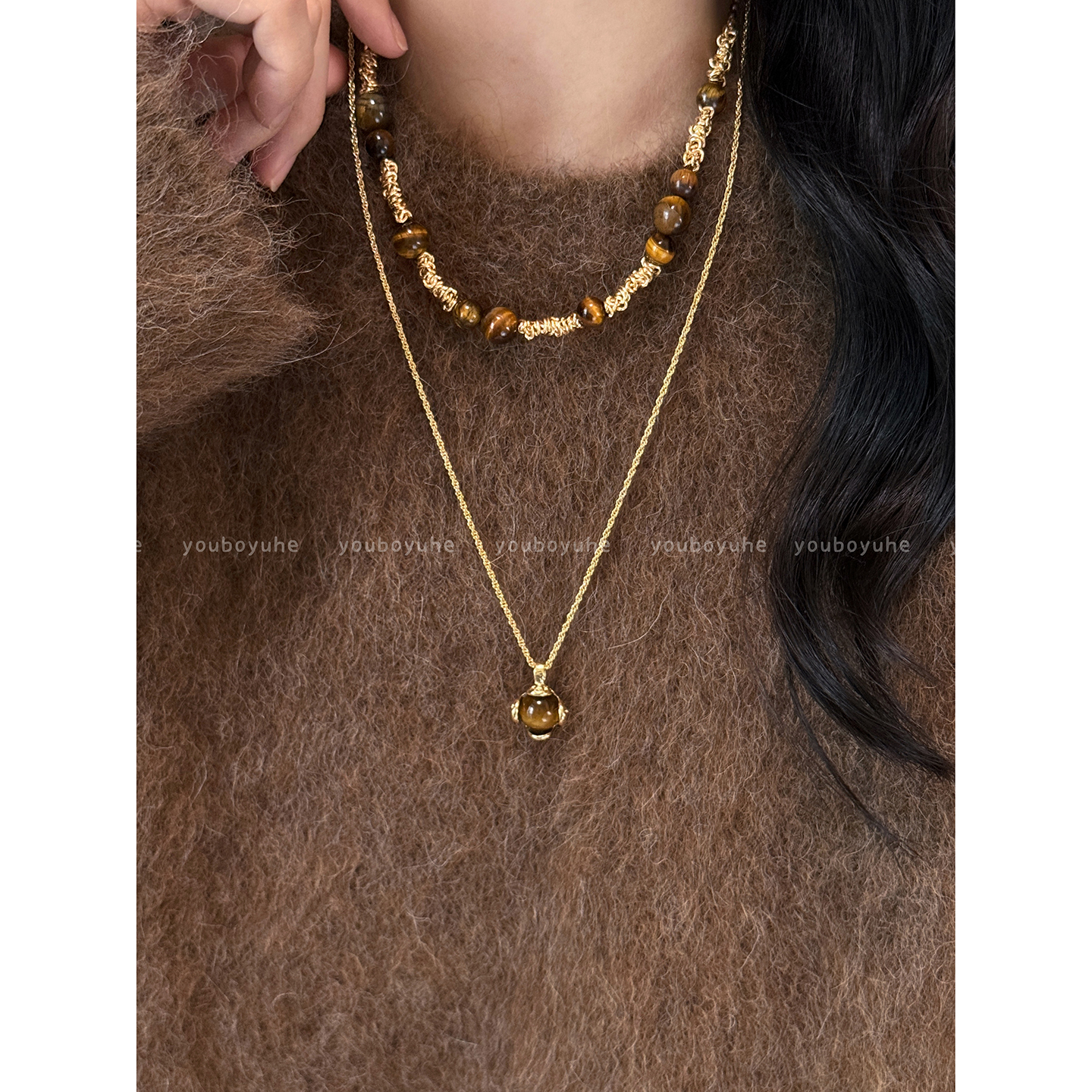 复古美拉德虎眼石长款叠戴项链女