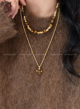 复古美拉德虎眼石长款叠戴项链女