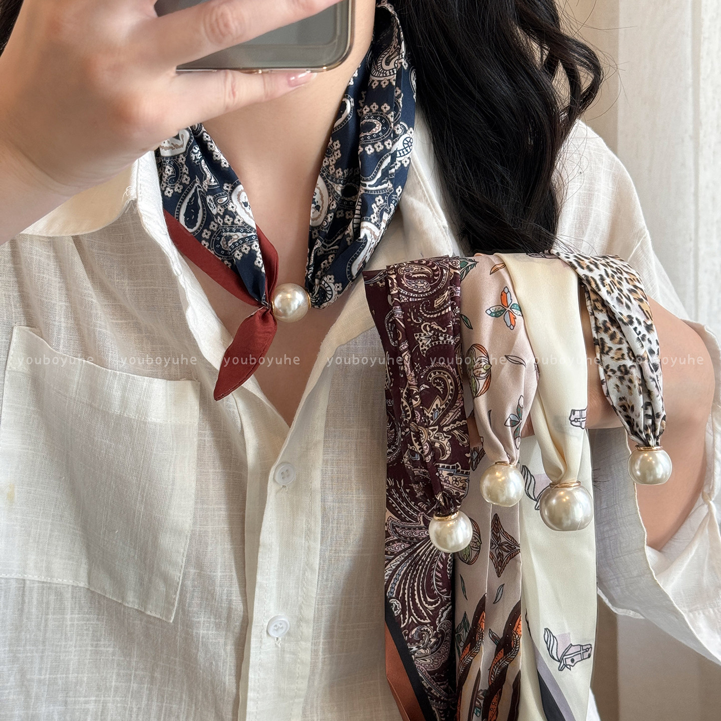 磁吸设计~老钱风腰果花豹纹珍珠丝巾女高级感复古系脖领巾配饰品,服饰配件/皮带/帽子/围巾,围巾/丝巾/披肩,淘宝优惠券,粉丝福利购,淘宝优惠卷