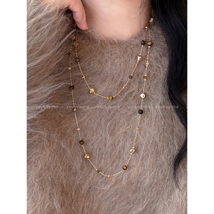 复古虎眼石珍珠长款项链女2025秋冬新款叠戴毛衣链轻奢高级感配饰