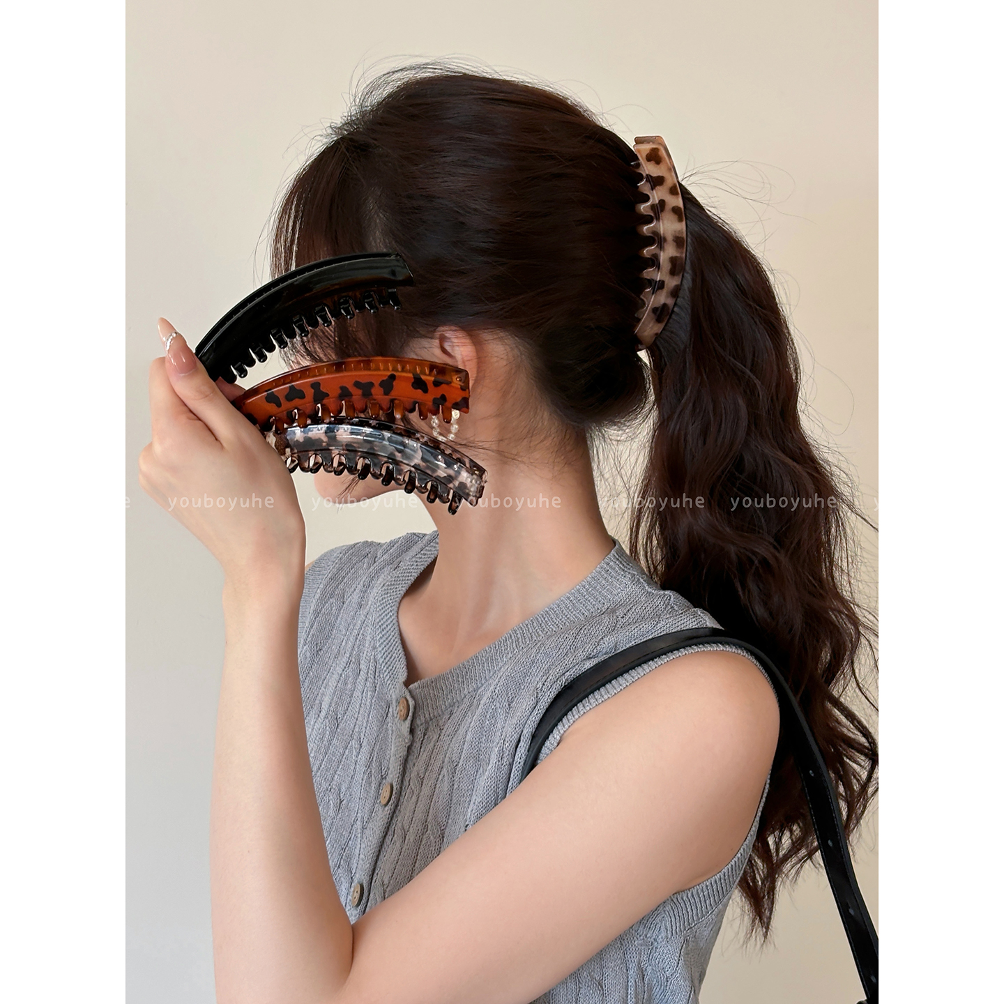 复古豹纹高马尾抓夹高级感香蕉夹