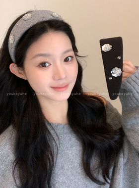 淡颜欧尼~ 韩系灰色毛呢花朵宽边发箍女款秋冬高颅顶外戴头箍发饰