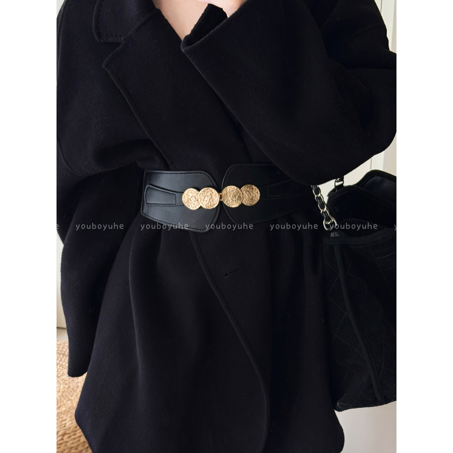 金属扣棕色皮革宽边弹力腰带装饰