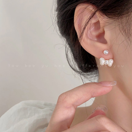 法式珍珠蝴蝶结后挂式耳钉女夏季小众设计耳挂高级感独特设计耳环