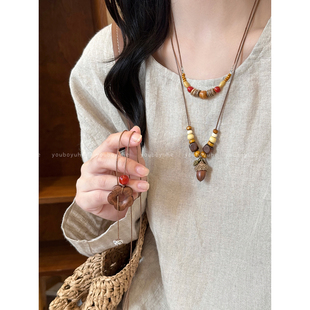 新中式橡果花朵串珠吊坠项链女复古民族风长款毛衣链秋冬挂件配饰