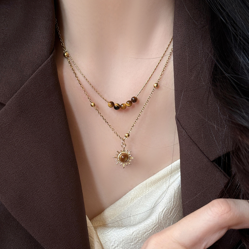 复古金色太阳花虎眼石项链毛衣链