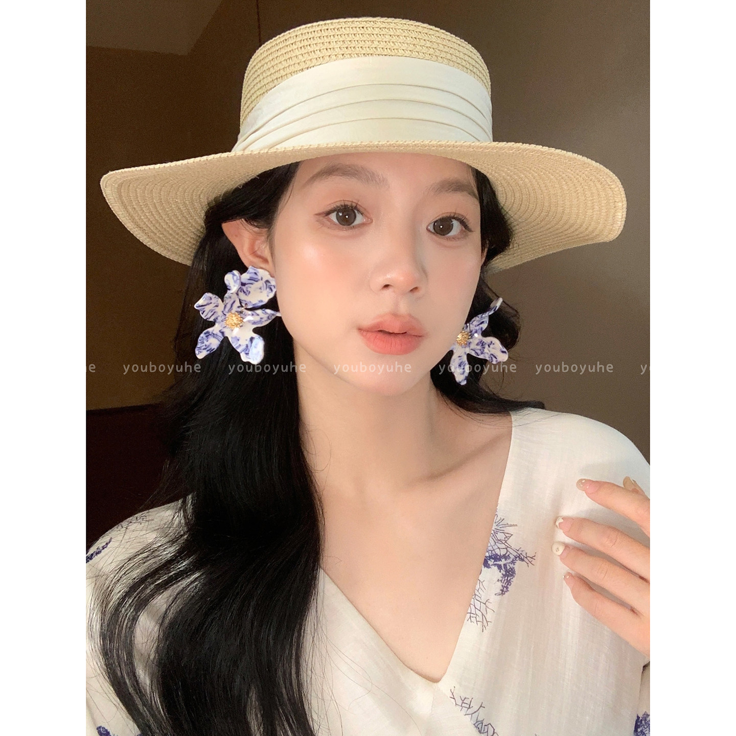 青釉生花~ 新中式复古青花瓷耳钉女款小众设计感耳环独特漂亮耳饰
