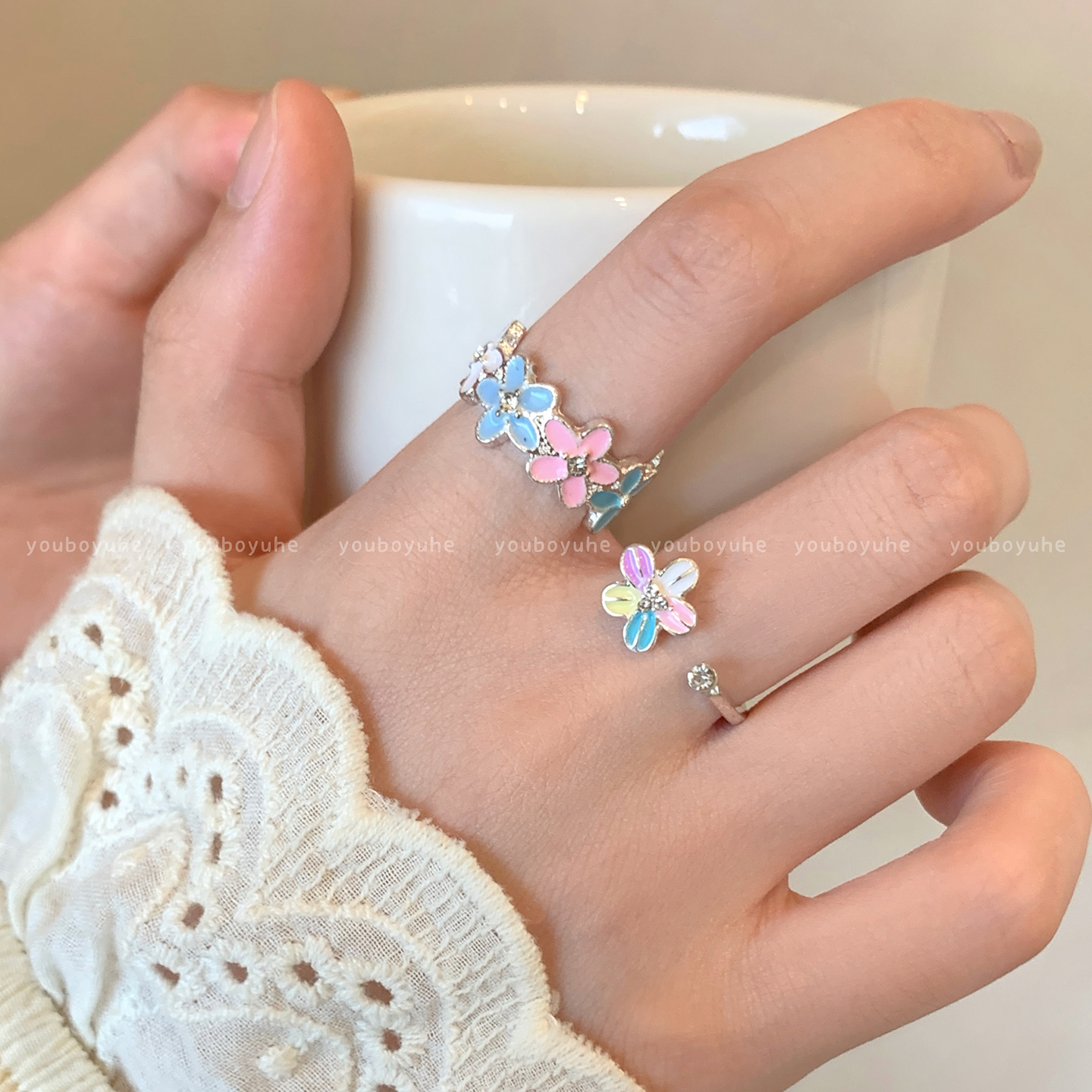 夏日多巴胺花朵开口戒指女款甜美少女彩色高级感食指戒2025年新款