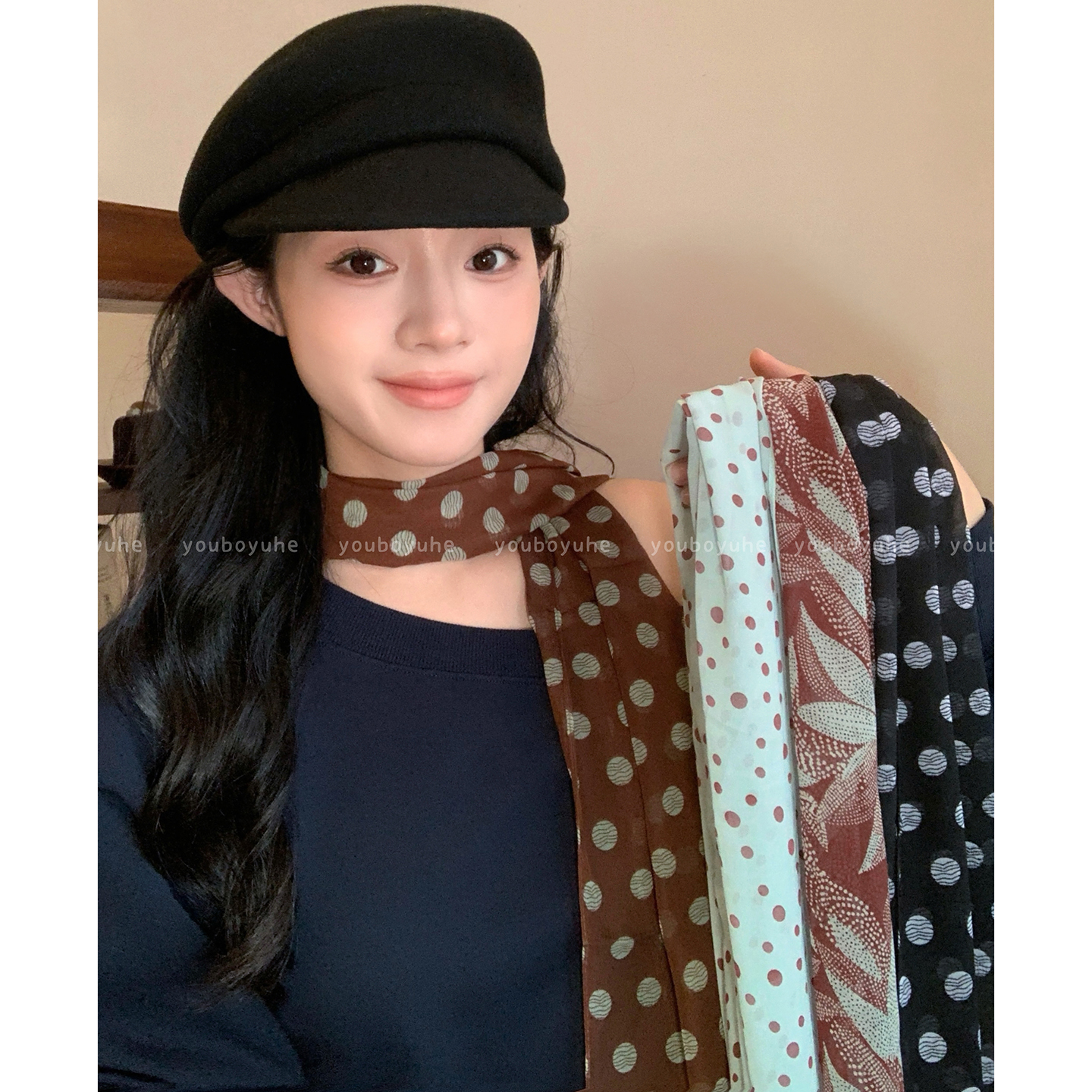 韩系高级感百搭棕色波点系脖丝巾