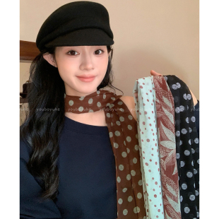 文艺少女~ 韩系棕色波点系脖丝巾女高级感丝带围巾长条飘带配饰品