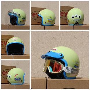 台湾evo三眼怪头盔复古3 4半盔摩托踏板电动车卡通儿童安全帽男女