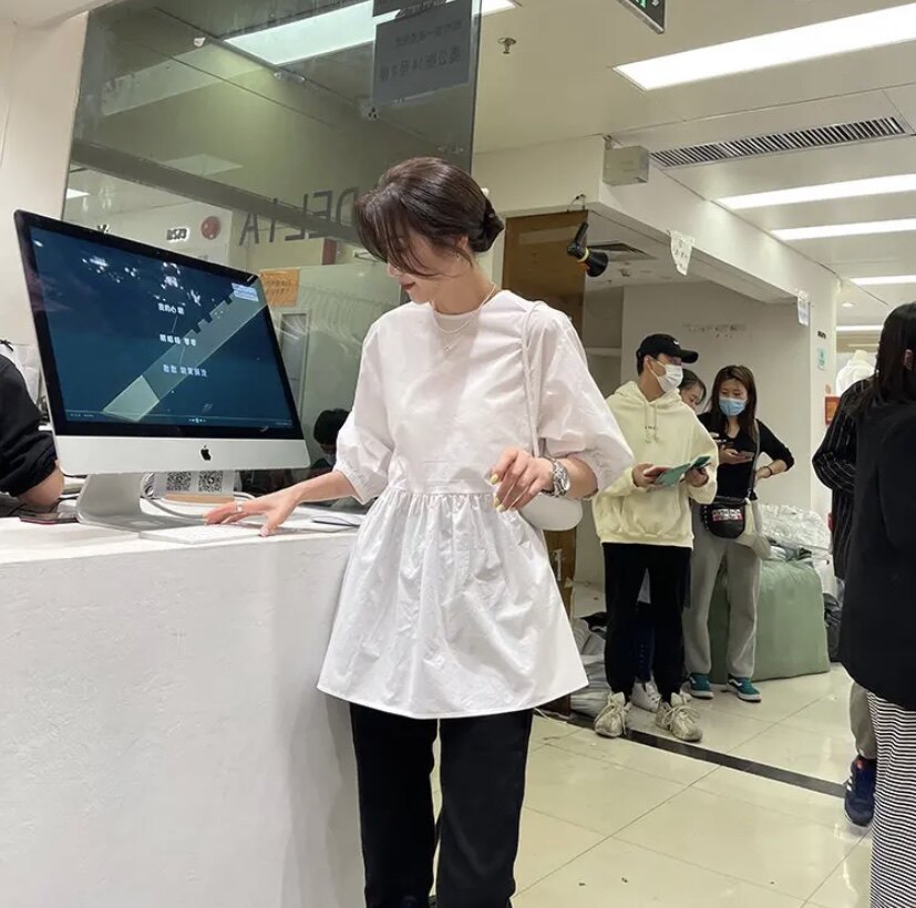 Widelia十三行老板娘春夏韩版修身显瘦圆领气质娃娃衬衣7366潮