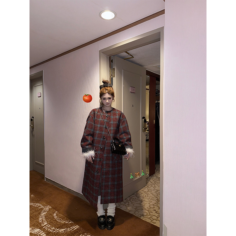番茄侠平安夜圣诞战袍 慵懒感单面呢长款毛呢大衣女时髦宽松外套