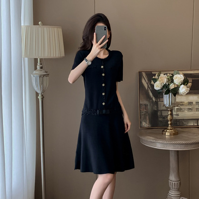 7546小香赫本风通勤暗星碎闪高级感针织连衣裙女减龄蝴蝶结a字裙