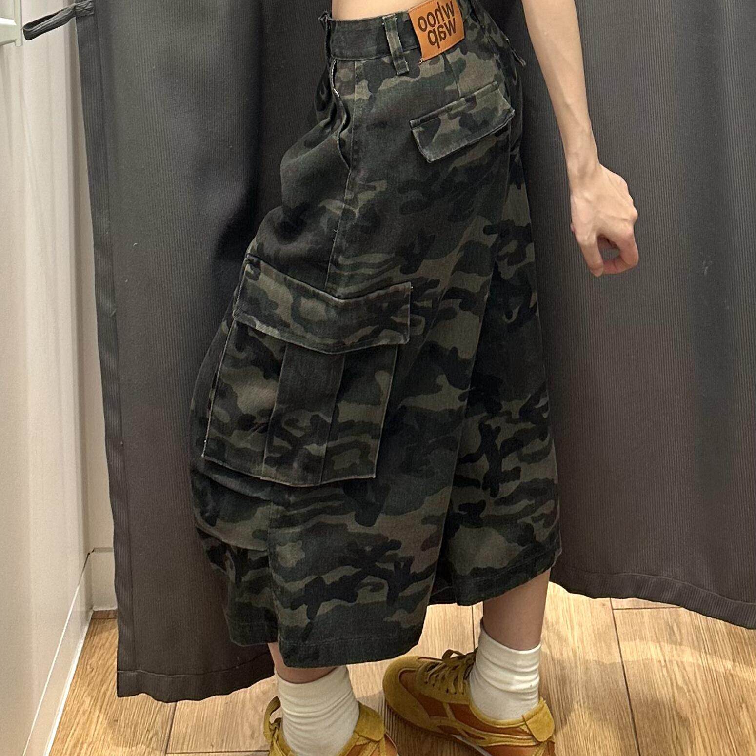 设计感迷彩工装裤阔腿牛仔裤女夏季新款高腰宽松显瘦百搭七分裤子