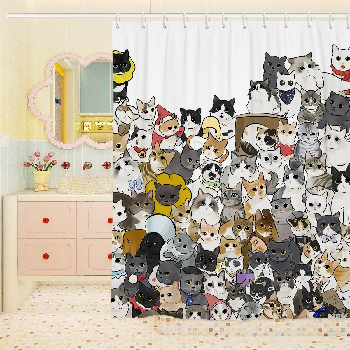 猫咪卡通可爱动物卫生间浴帘门帘加厚涤纶防水防霉窗帘门帘隔断帘