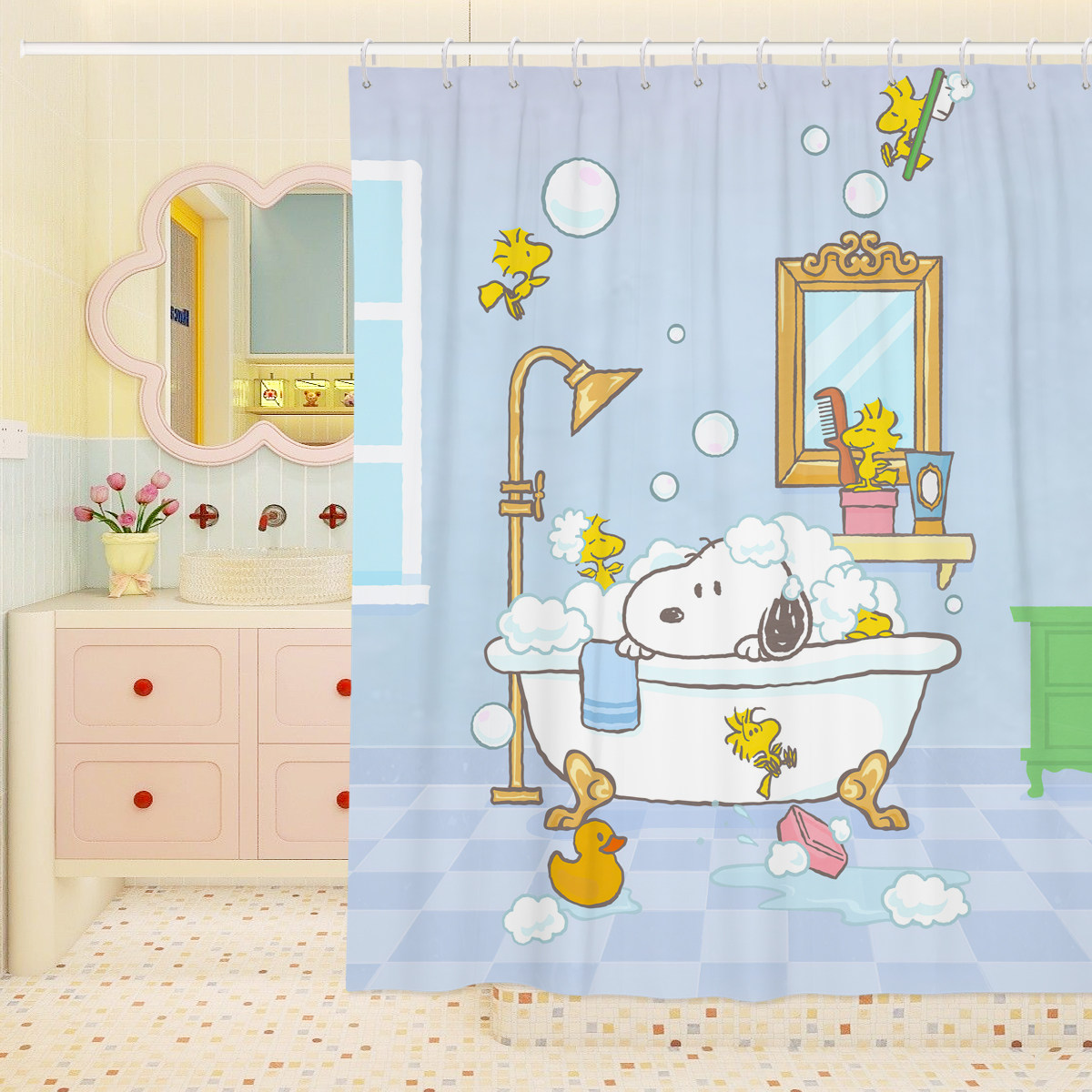 卡通SNOOPY浴室史努比浴帘小鸟防水防霉卫生间隔断帘窗帘挂帘挂钩
