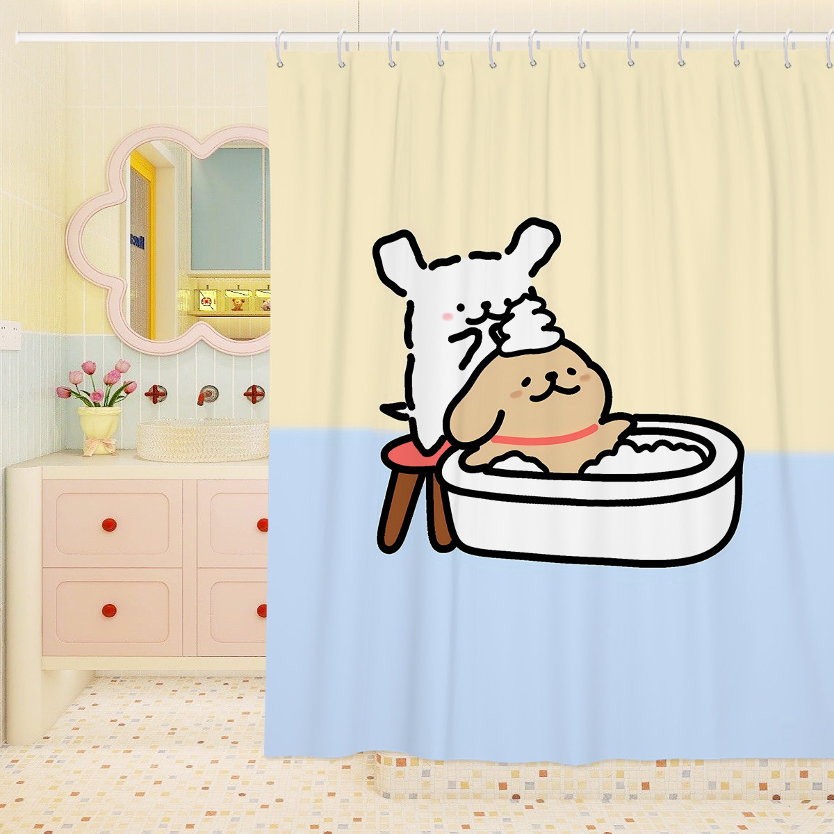 线条小狗浴帘可爱卡通浴室防水防霉卫生间隔断帘门帘窗帘帘子挂帘