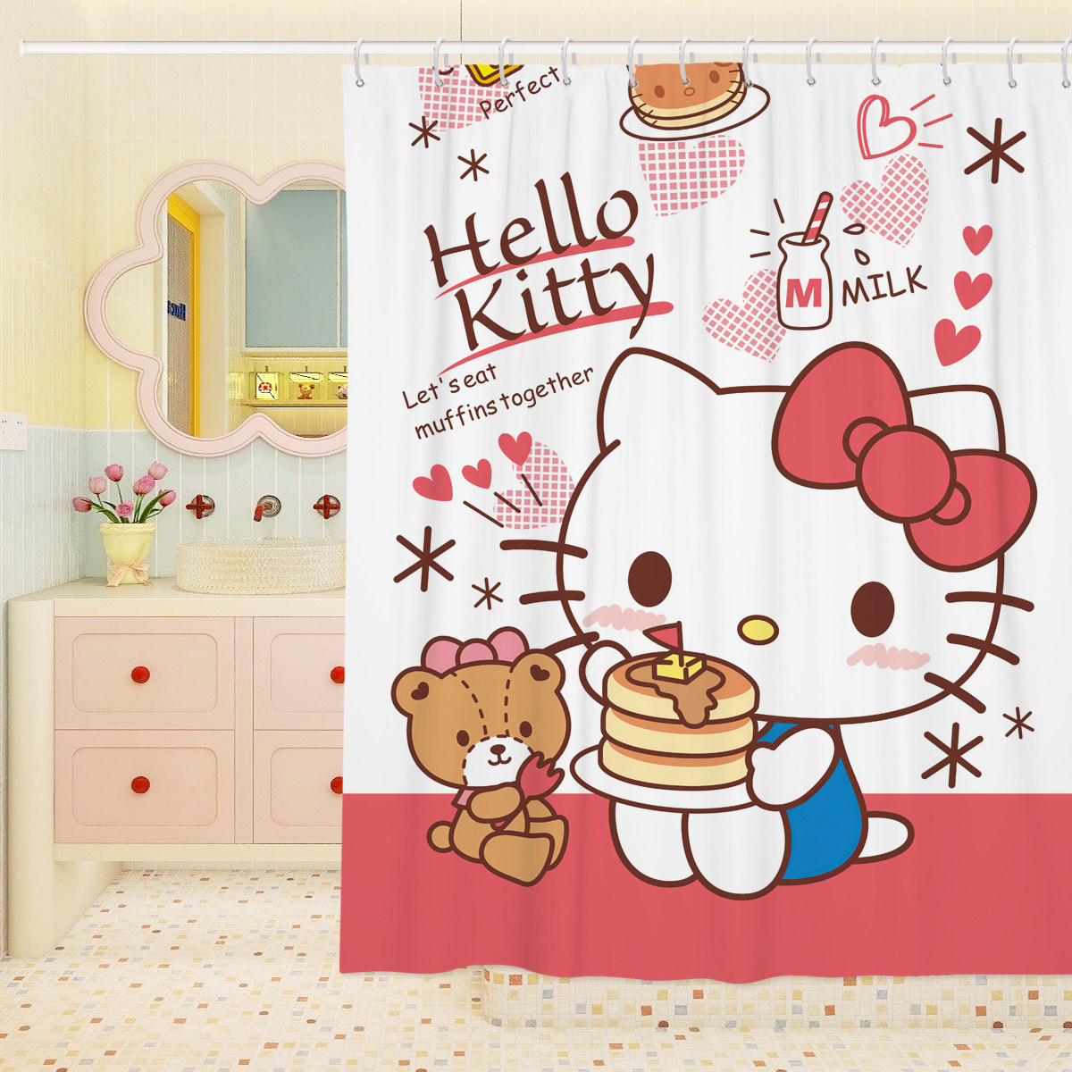 日式卡通浴帘Hello Kitty凯蒂猫防水防霉宿舍隔断帘挂帘加挂钩