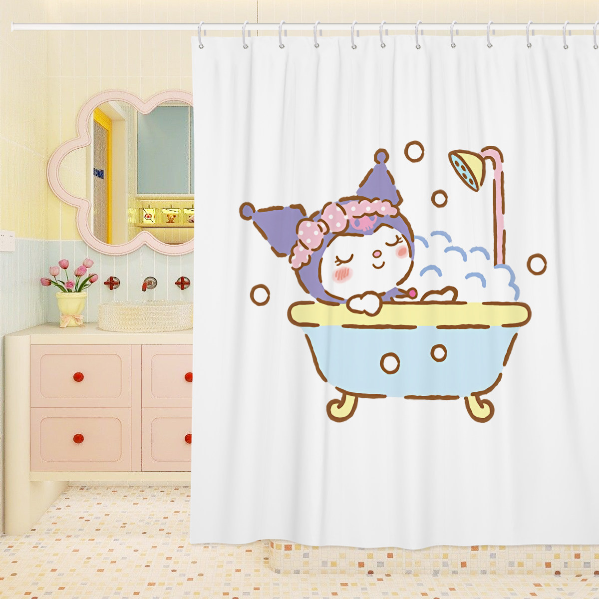 日系可爱卡通库洛米防水布厕所间隔断免打孔挂帘学生宿舍防霉浴帘