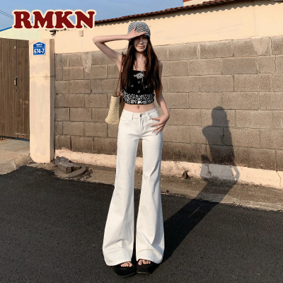 RMKN复古白色加绒微喇牛仔裤女秋冬美式辣妹显瘦弹力低腰喇叭裤