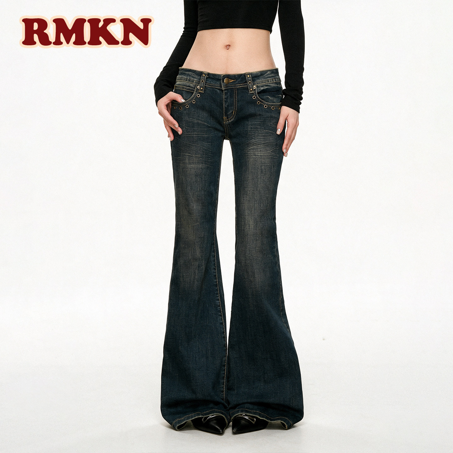 RMKN美式复古铆钉辣妹风低腰微喇加长牛仔裤女夏显高个子拖地裤图片