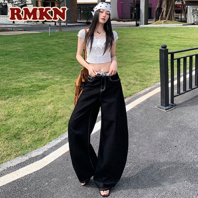 RMKN深蓝色弯刀牛仔女春季新款高腰显瘦宽松设计感原色拖地阔腿裤