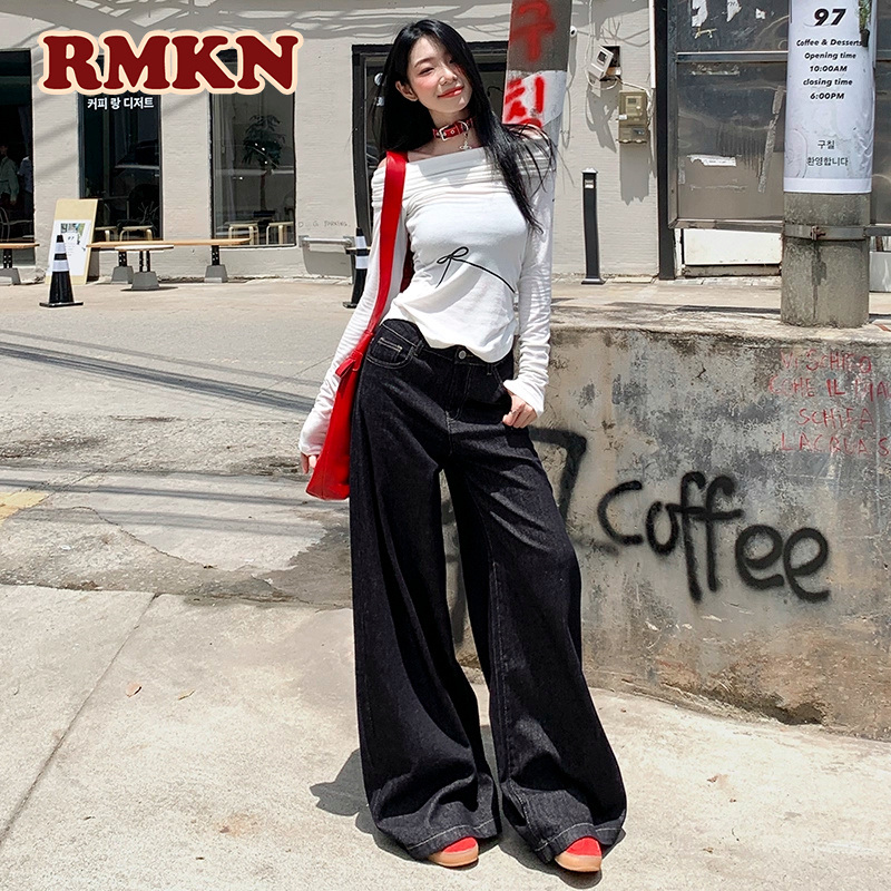 RMKN美式复古深蓝色丹宁阔腿牛仔裤女慵懒风宽松显瘦垂感拖地裤子