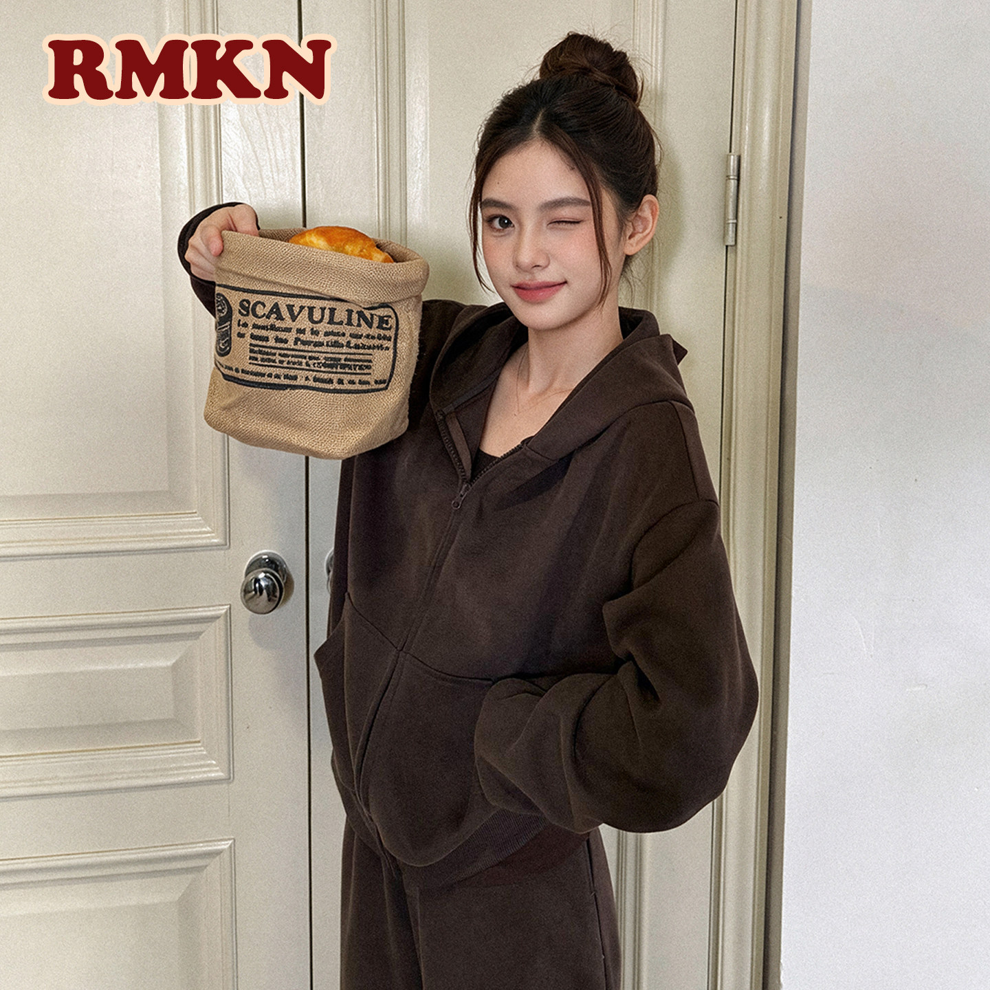RMKN休闲慵懒运动风连帽卫衣拉链外套女宽松直筒阔腿休闲裤套装图片