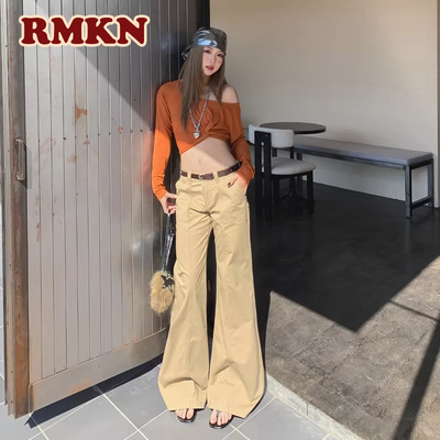 RMKN卡其色低腰微喇牛仔裤2026春季新款宽松显瘦美式设计感喇叭裤