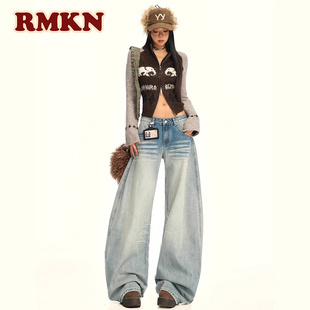 RMKN美式水洗立体猫须设计感低腰牛仔裤女春夏宽松显瘦百搭阔腿裤