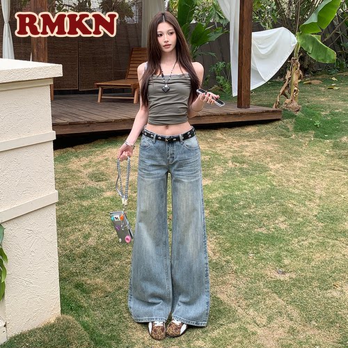 RMKN春夏新款美式做旧浅色竹节纹中低腰直筒牛仔裤休闲拖地裤