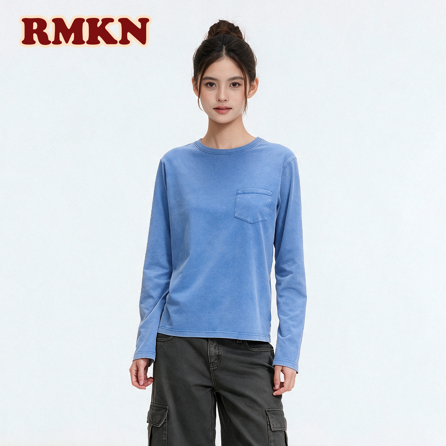 RMKN美式复古炒色口袋做旧休闲长袖打底衫T恤女基础百搭慵懒上衣图片