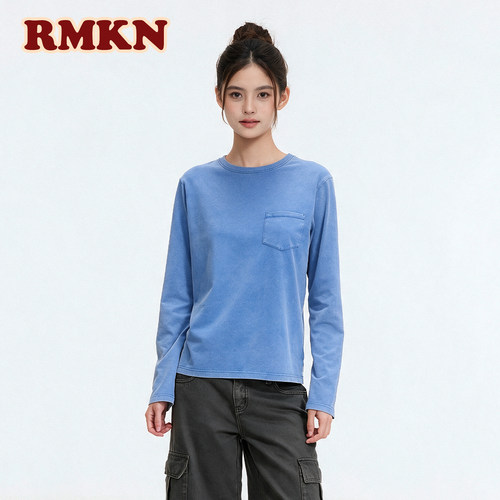 RMKN美式复古炒色口袋做旧休闲长袖打底衫T恤女基础百搭慵懒上衣