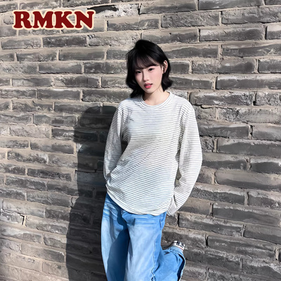 RMKN复古条纹慵懒风休闲春季松弛感男女百搭圆领长袖T恤打底罩衫