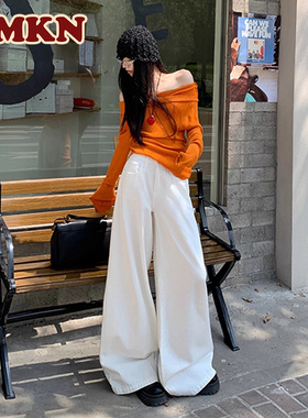 RMKN白色牛仔裤女2025夏季新品宽松垂感阔腿裤高腰显瘦拖地裤子