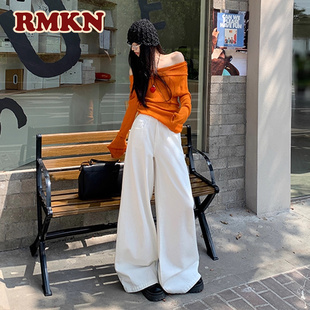 RMKN白色牛仔裤女2025夏季新品宽松垂感阔腿裤高腰显瘦拖地裤子