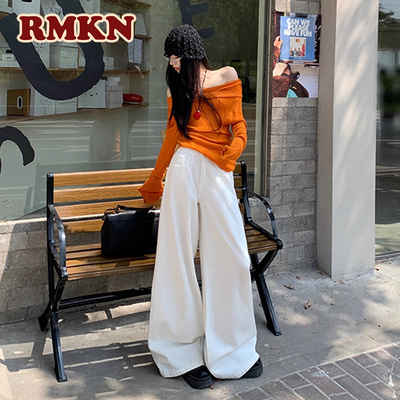 RMKN白色牛仔裤女2025夏季新品宽松垂感阔腿裤高腰显瘦拖地裤子
