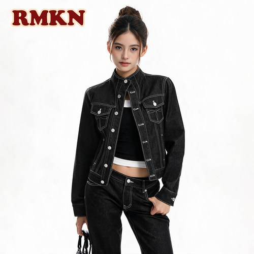 RMKN美式复古立领解构高级感牛仔外套女廓形修身显瘦潮牌工装夹克