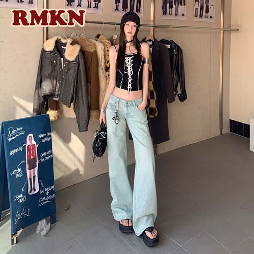RMKN美式复古浅色低腰直筒牛仔裤女宽松显瘦窄版阔腿拖地裤子
