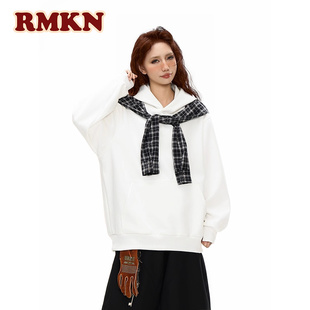 RMKN美式街头小众设计感格子拼接潮流连帽卫衣男女宽松上衣外套潮